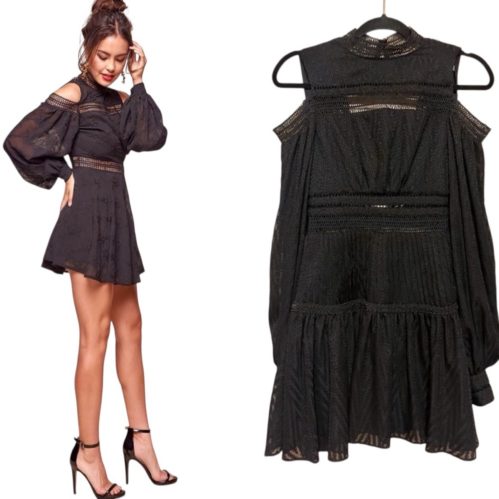 Acler x Free People Aslan Drop Shoulder High Neck Long Sleeve Black Mini Dress